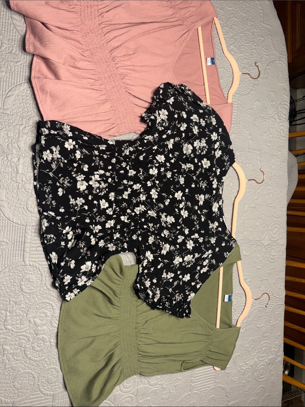 Lot of three peplum blouses two solids and Black and White Floral Puff-Sleeve